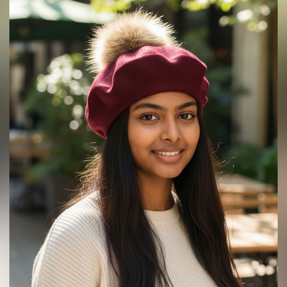 Burgundy Cashmere Blended French Beret with Raccoon Fur Pom Hat